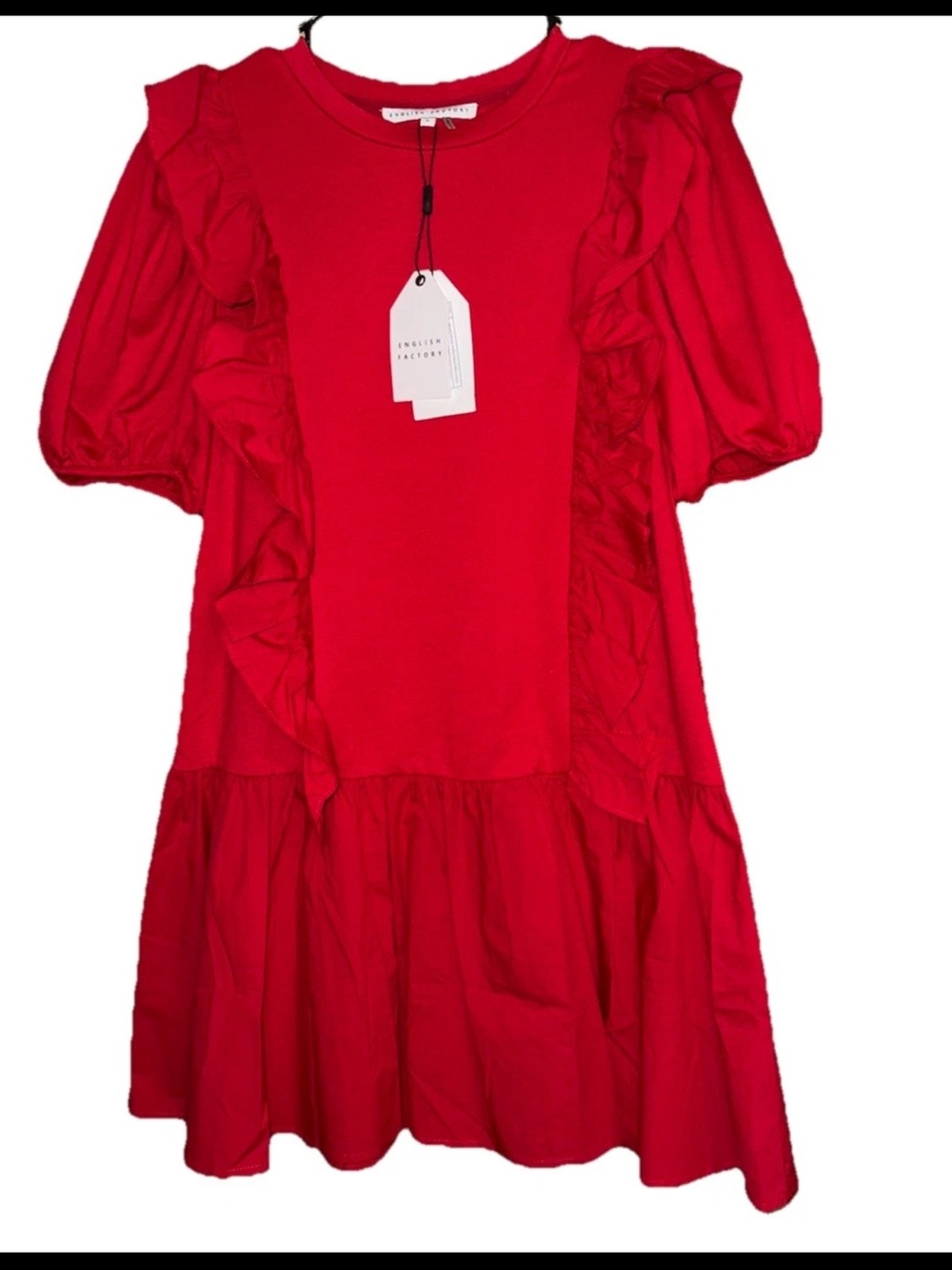 NWT English Factory Mixed Media Ruffle Mini Dress Cherry Red Women’s Small